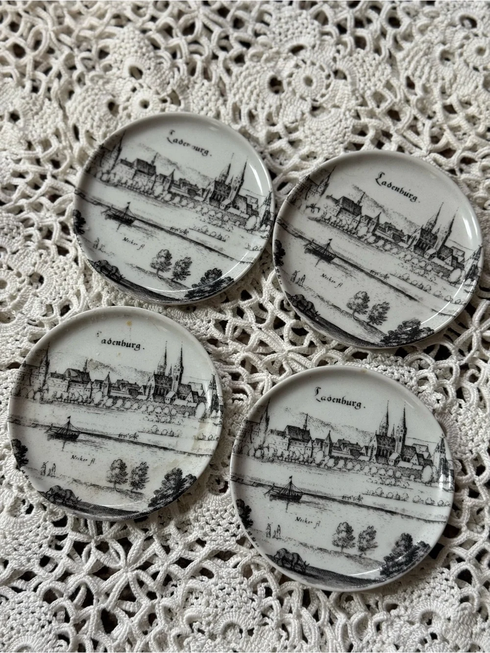 Vintage Black and White Scenic Germany Glass Mini Plates - Set of 4